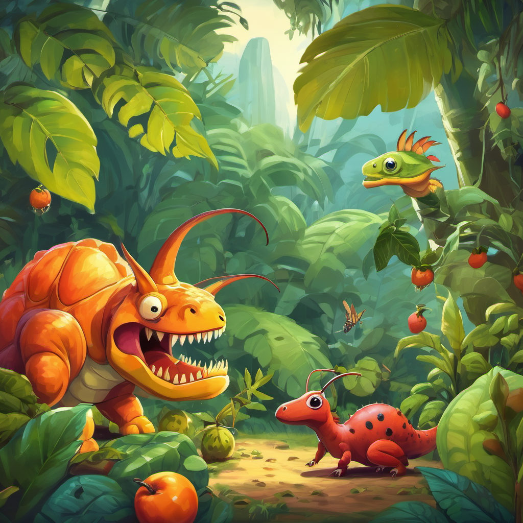 Illustration of the Leaf Eaters bugs eating plants and fruits, while dinosaurs look sad.