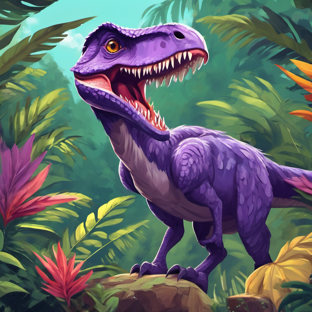 Illustration of Purple velociraptor with kind eyes and a friendly smile offering plants to the Leaf Eaters, and their disgusted reactions.