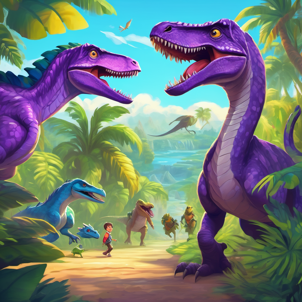 Illustration of the Leaf Eaters leaving the island, while Purple velociraptor with kind eyes and a friendly smile and other dinosaurs smile happily.