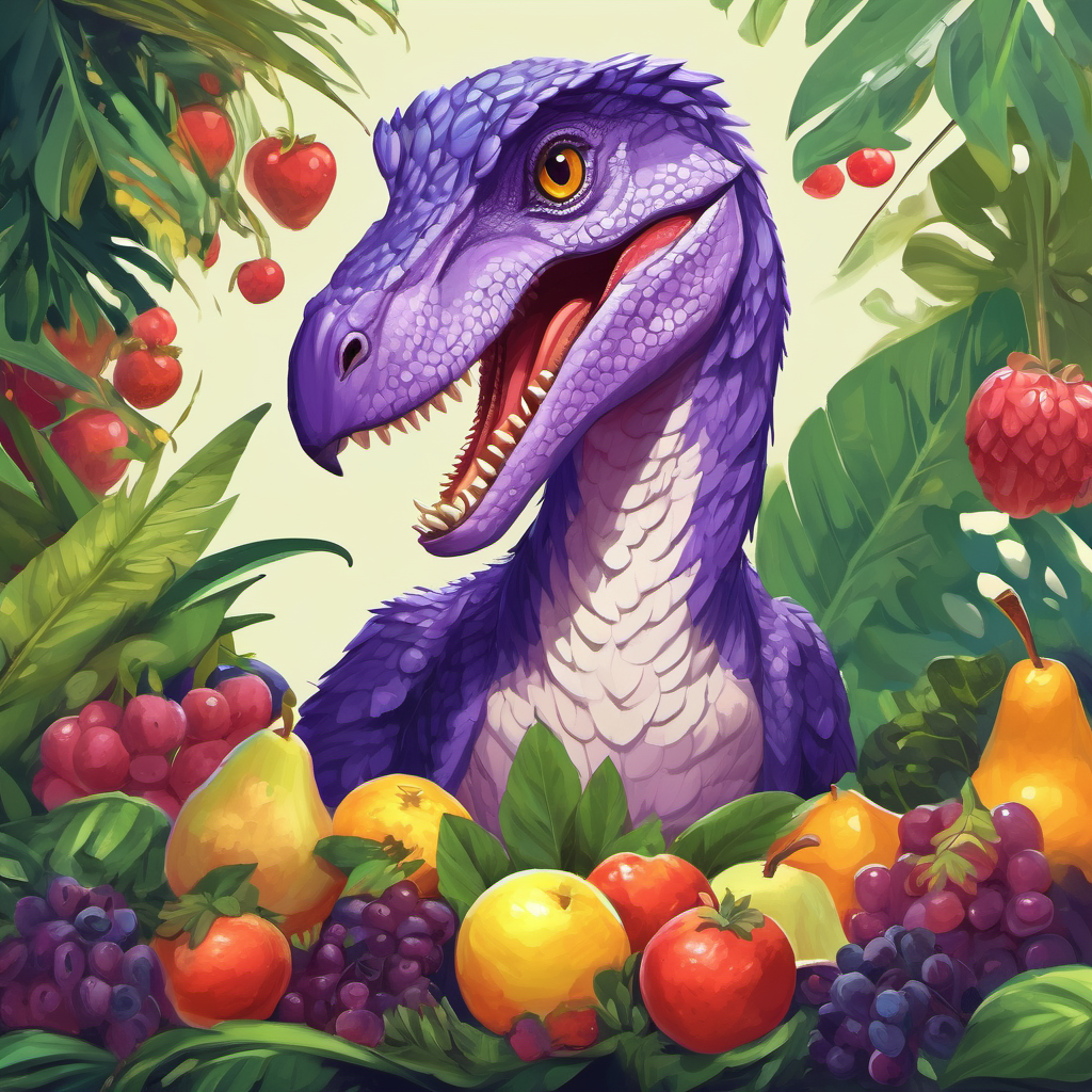 Illustration of Purple velociraptor with kind eyes and a friendly smile and her friends, happily eating fruits and plants together.