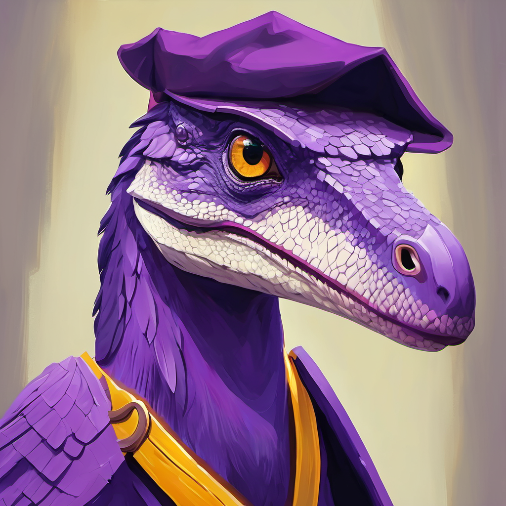 Illustration of Purple velociraptor with kind eyes and a friendly smile wearing a superhero cape, posing confidently.