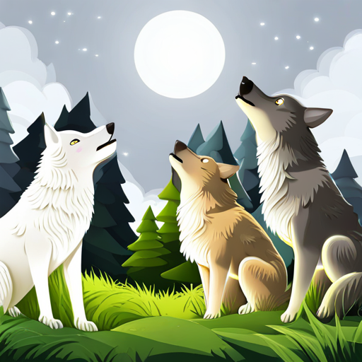 Wolves howling together in the nighttime forest
