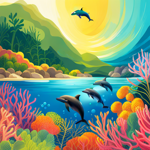 A colorful coral reef with fish swimming and dolphins jumping