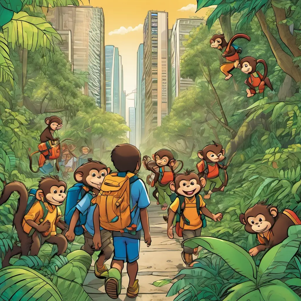 City with tall buildings, Curious, clever Grade 3 students with bright eyes and big smiles with backpacks, entering a lush jungle, Mischievous monkeys with long tails and soft, furry brown coats swinging from trees