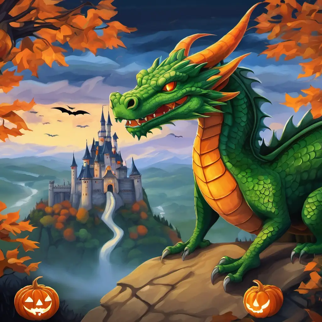 The text is displayed on a page showing a castle in the distance, with a dragon standing in front. The dragon has green skin and orange eyes.