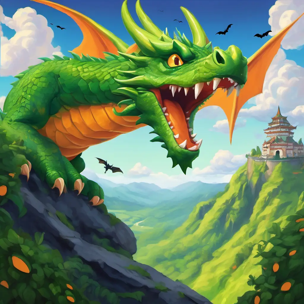 The text is displayed on a page showing A dragon with green skin and orange eyes He is big and clumsy flying in the sky, looking down at a lush green kingdom below. He is big and clumsy, but wears a kind expression.