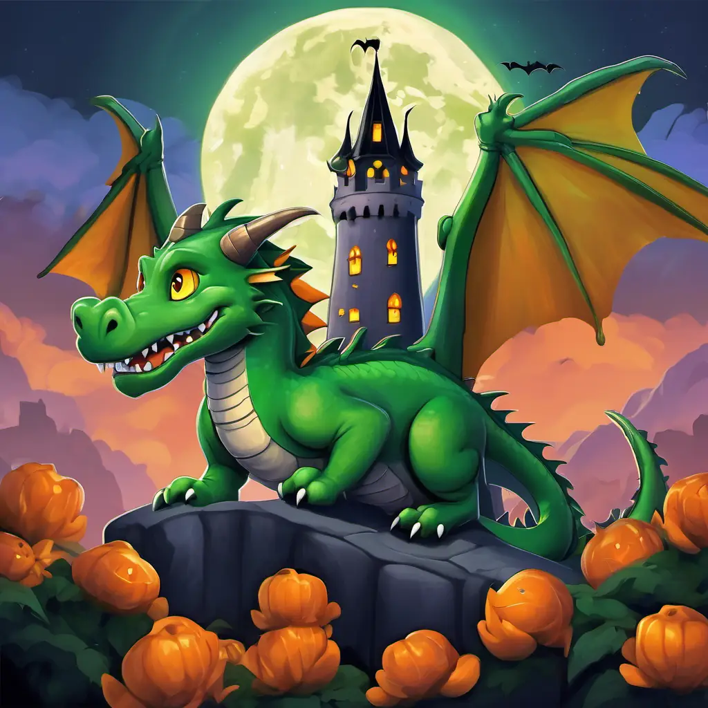 The text is displayed on a page showing A dragon with green skin and orange eyes He is big and clumsy perched on top of the castle tower, with the moon shining brightly in the sky. He is keeping a watchful eye over the kingdom below.