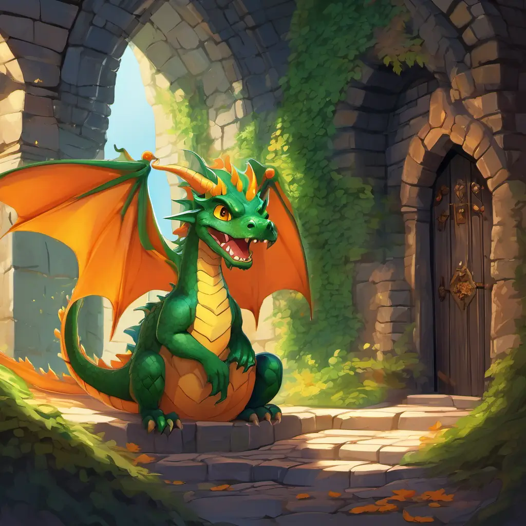 The text is displayed on a page showing A dragon with green skin and orange eyes He is big and clumsy flying down to the castle courtyard, where he finds a small door leading to the dungeon. Inside the dungeon, a scared little princess named A little princess with a joyful smile and flowing golden hair is sitting on the floor.
