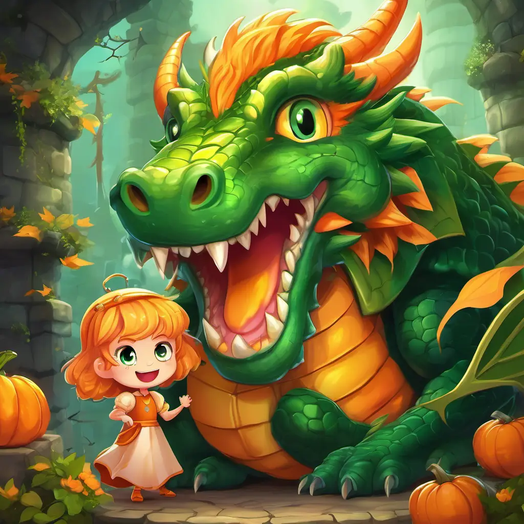 The text is displayed on a page showing A dragon with green skin and orange eyes He is big and clumsy using his fire-breathing power to melt the bars of the dungeon. A little princess with a joyful smile and flowing golden hair is hugging A dragon with green skin and orange eyes He is big and clumsy with a big smile on her face.