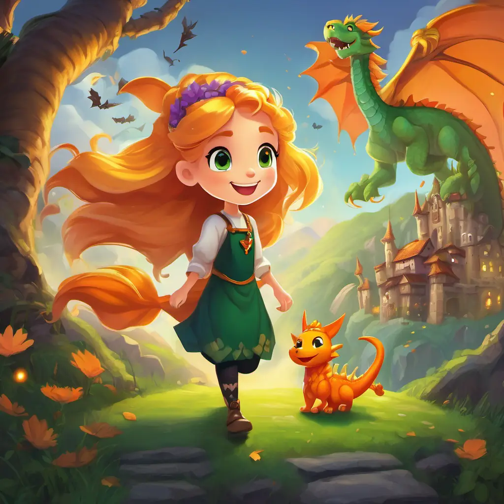 The text is displayed on a page showing A little princess with a joyful smile and flowing golden hair and A dragon with green skin and orange eyes He is big and clumsy holding hands as they walk through the kingdom. They have big smiles on their faces, surrounded by grateful and happy villagers.