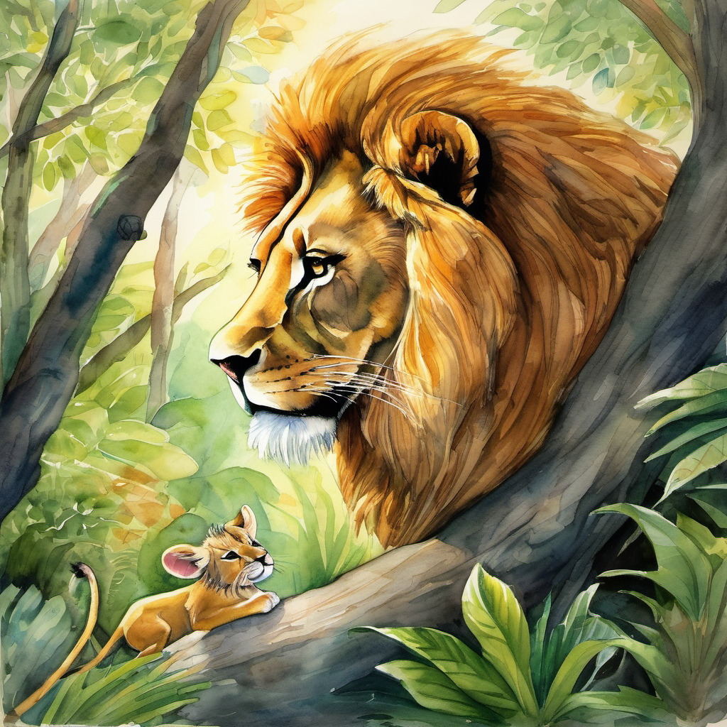 In the jungle, where the sun gleams bright,
Lived a lion, strong and bold, with all his might.
But one fine day, a little mouse crossed his way,
An unlikely friendship began that day. The lion roared, prepared to pounce and chase,
But the tiny mouse pleaded, with worry on her face.
"Oh mighty lion, please don't harm me today,
I promise, one day I'll repay your favor, I say!"