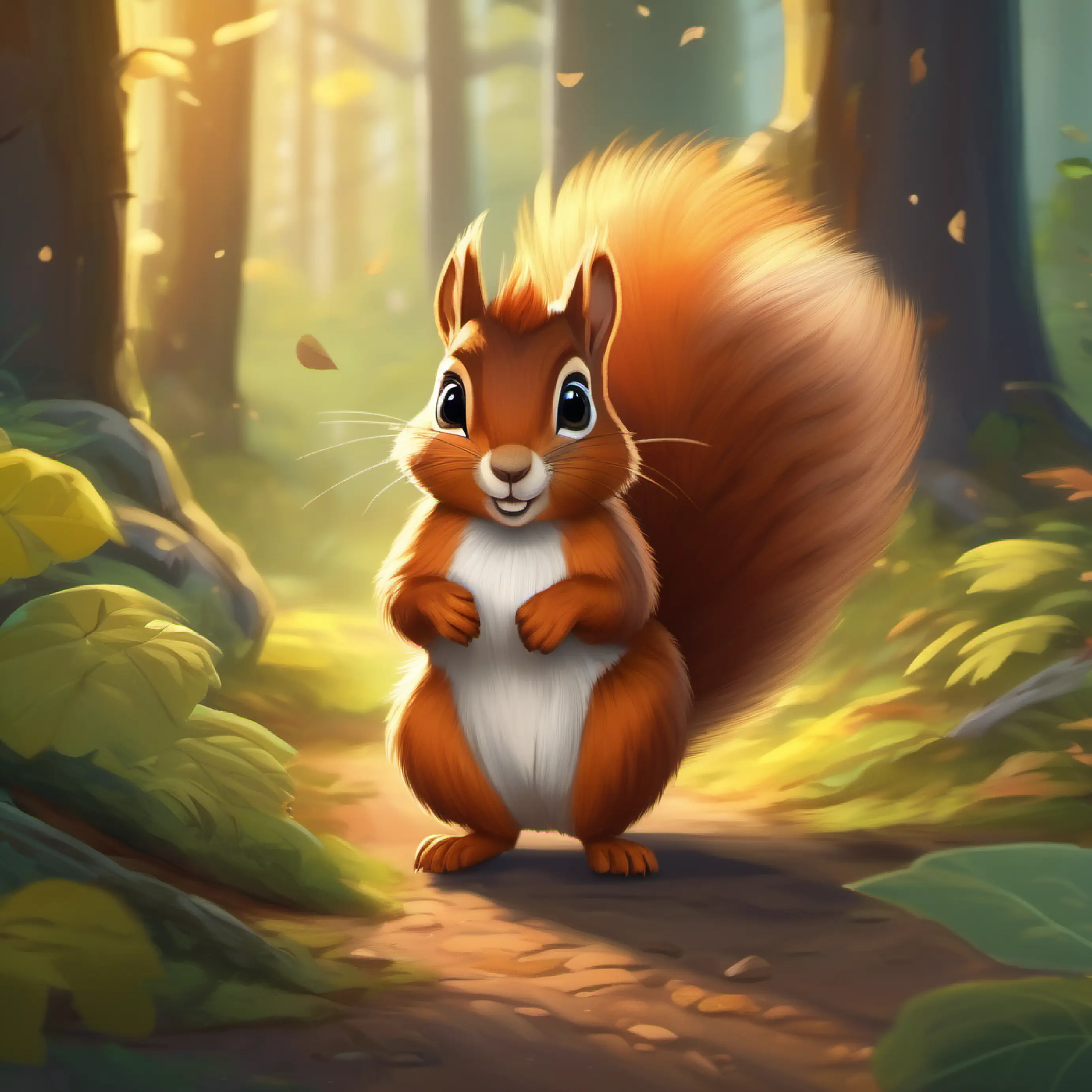 Brave little squirrel, bright eyes, fluffy tail leaving home, crossing familiar forest terrain