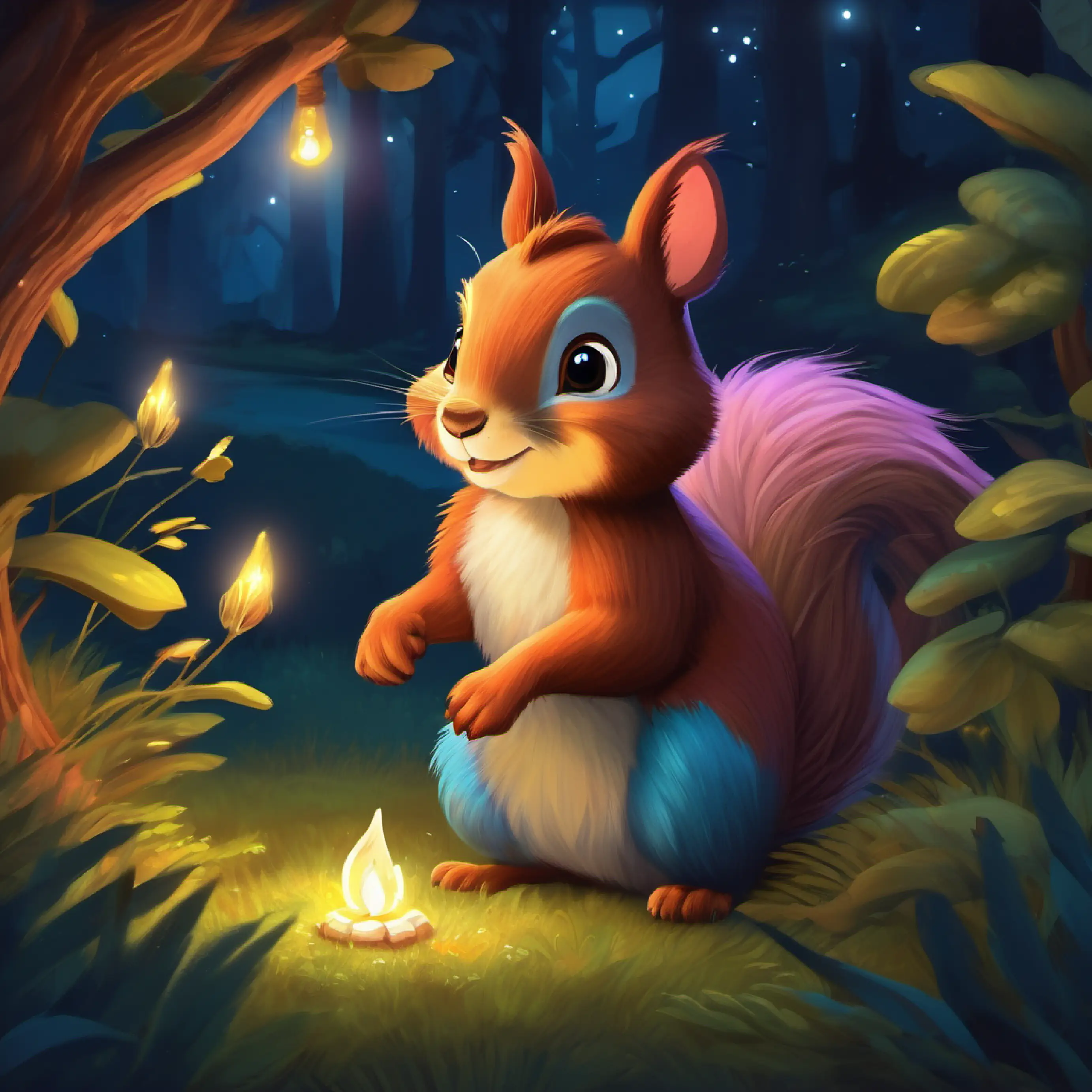 A nighttime scene, Brave little squirrel, bright eyes, fluffy tail meets the riddle-giving unicorn