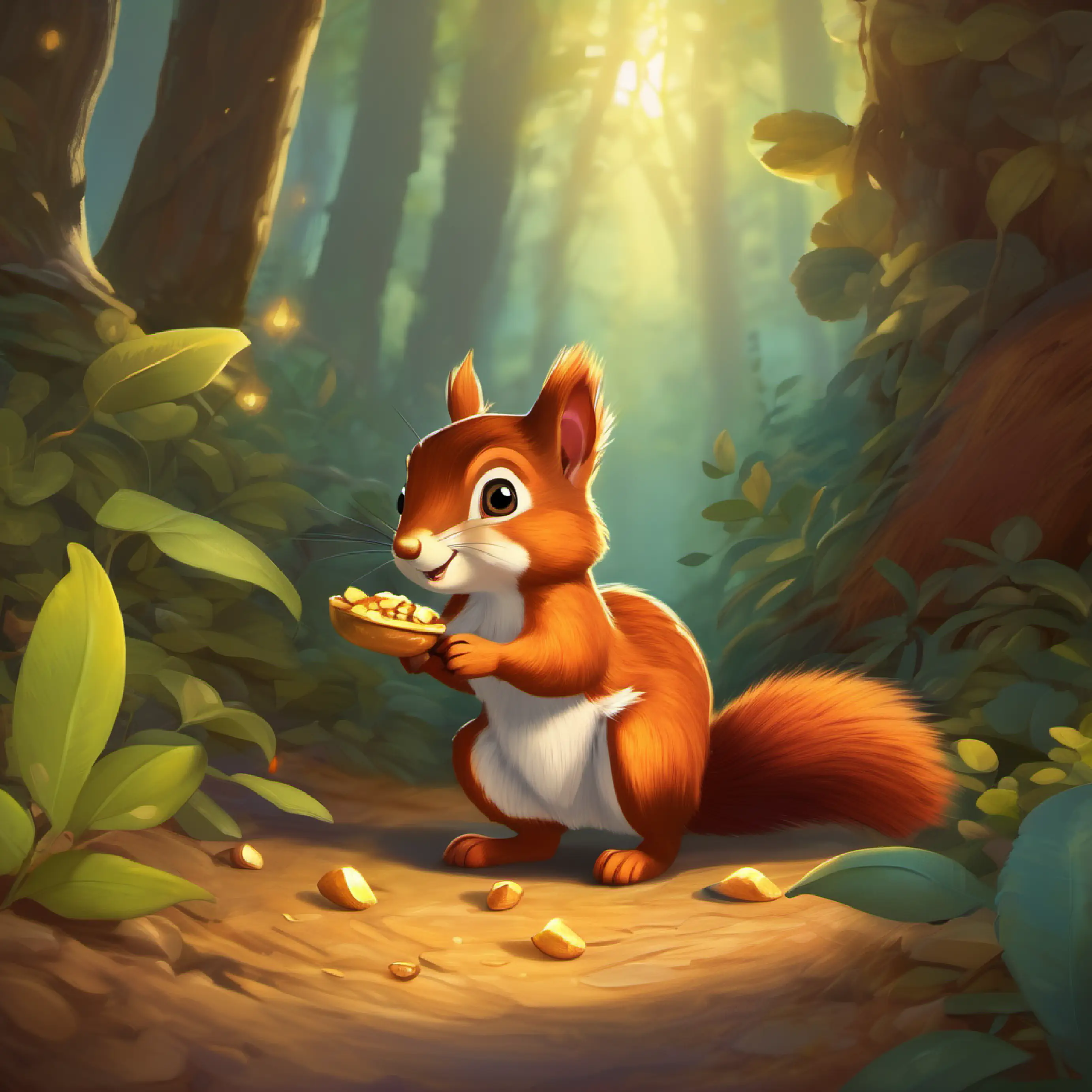 Brave little squirrel, bright eyes, fluffy tail finds the treasure and learns the adventure's value