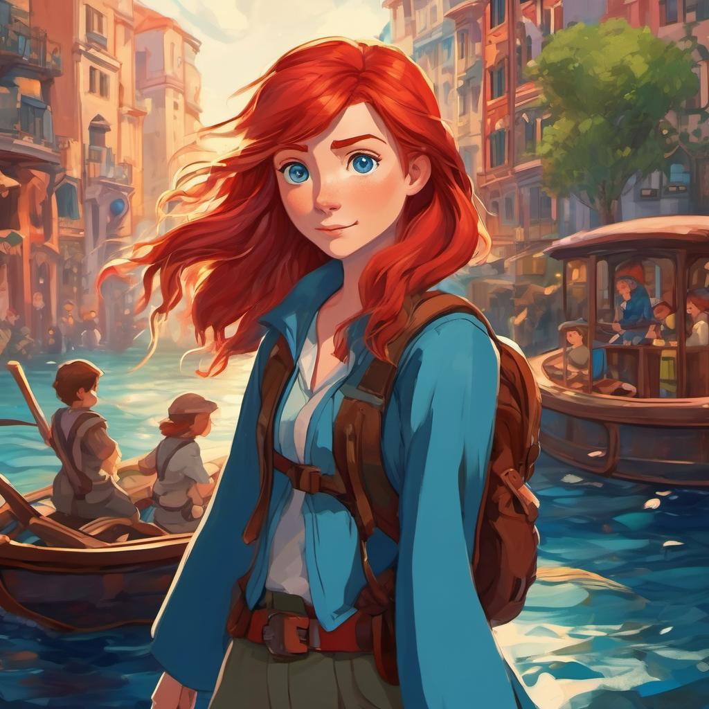 Red hair, blue eyes Brave, adventurous, and kind-hearted with red hair and blue eyes in a city under the sea.