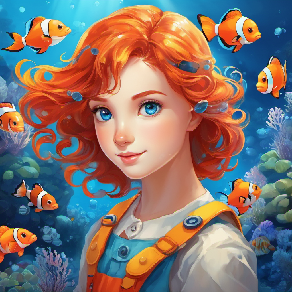 Red hair, blue eyes Brave, adventurous, and kind-hearted with Orange and white clownfish with black eyes Playful and curious the clownfish, Blue and yellow seahorse with a curly tail and big round eyes Tiny and cheerful the seahorse, and Shiny silver dolphin with dark intelligent eyes Graceful and friendly the dolphin.