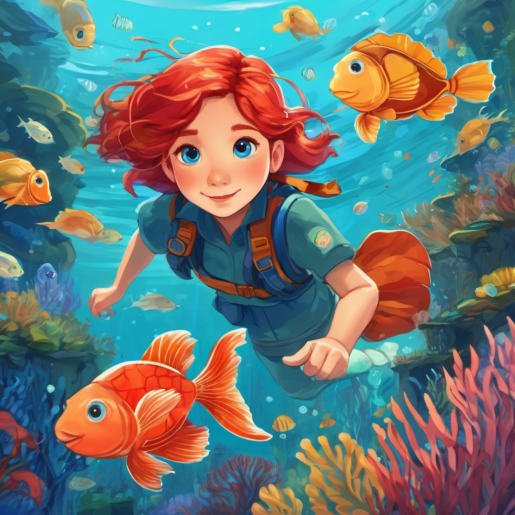 Red hair, blue eyes Brave, adventurous, and kind-hearted and her fish friends swimming past fish and seaweed, encountering jellyfish and sea turtles.