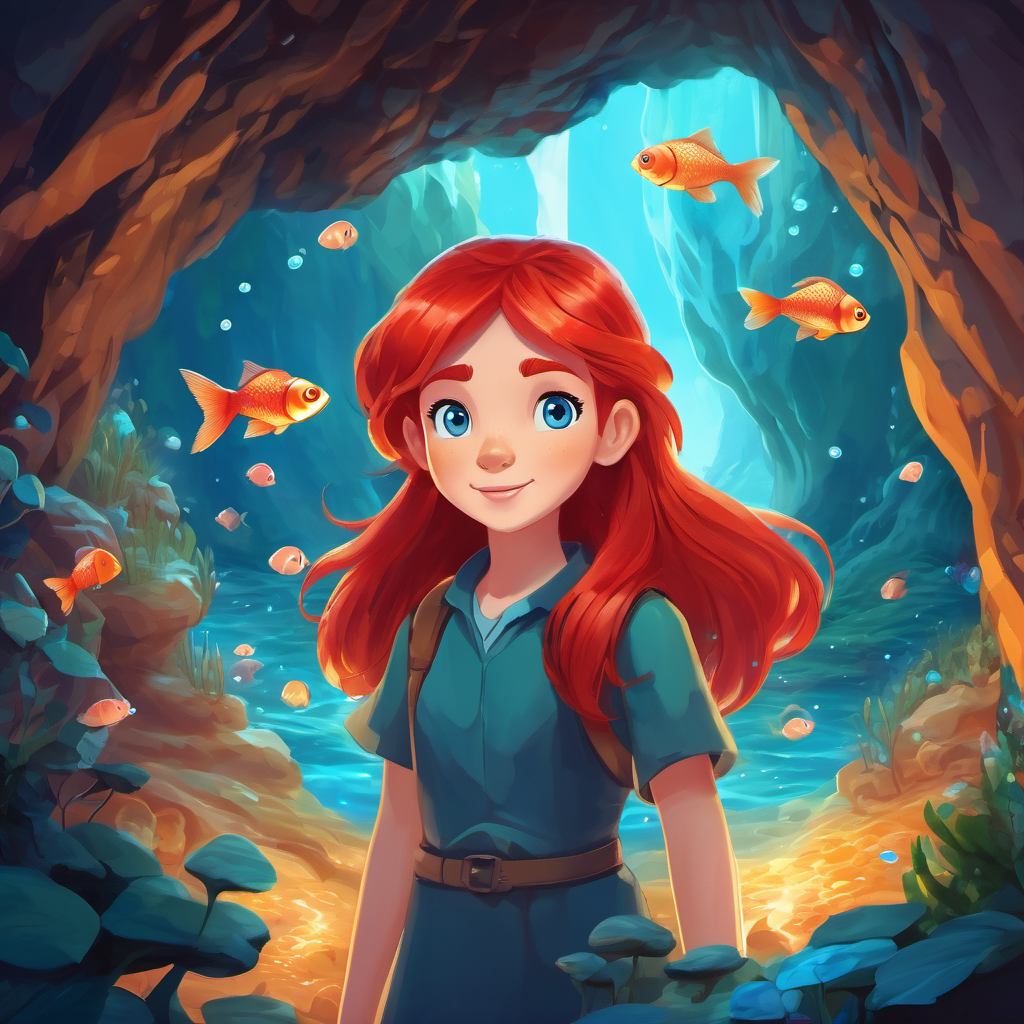 Red hair, blue eyes Brave, adventurous, and kind-hearted and her fish friends inside a glowing cave, collecting pearls.