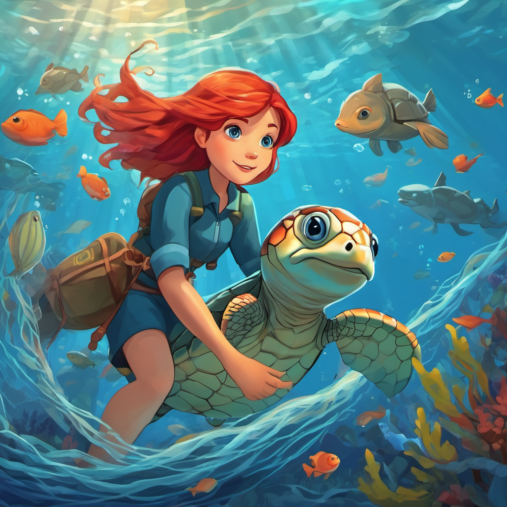 Red hair, blue eyes Brave, adventurous, and kind-hearted and her fish friends rescuing a sea turtle trapped in a fishing net.