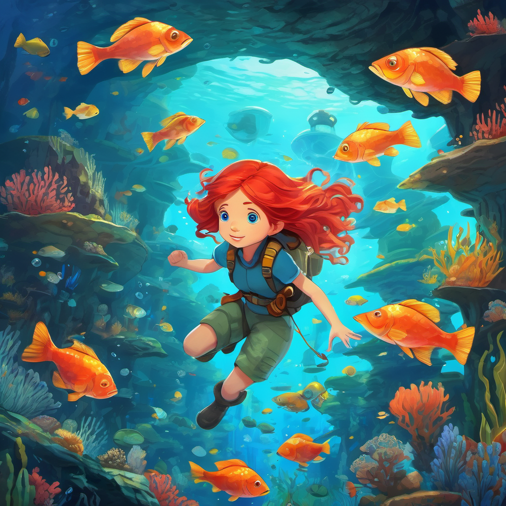 Red hair, blue eyes Brave, adventurous, and kind-hearted and her fish friends returning to their city under the sea, admired by other underwater creatures.