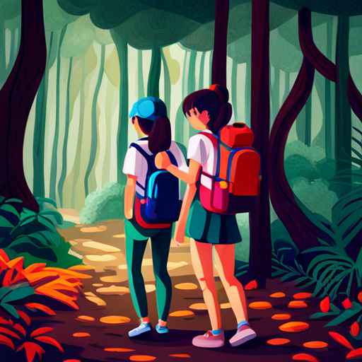 girls hiking through forest with backpacks and binoculars