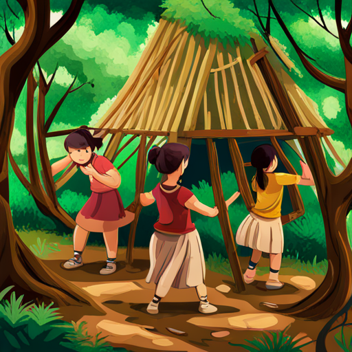 girls constructing a shelter using branches and leaves