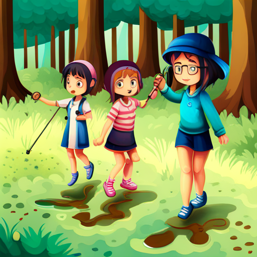 girls following animal footprints with magnifying glasses