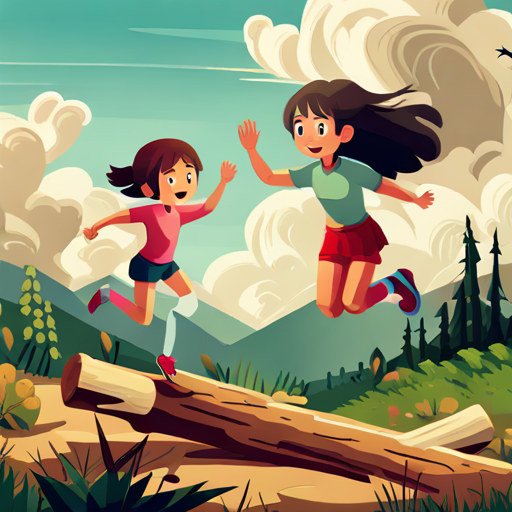 girls jumping over fallen logs and high-fiving each other