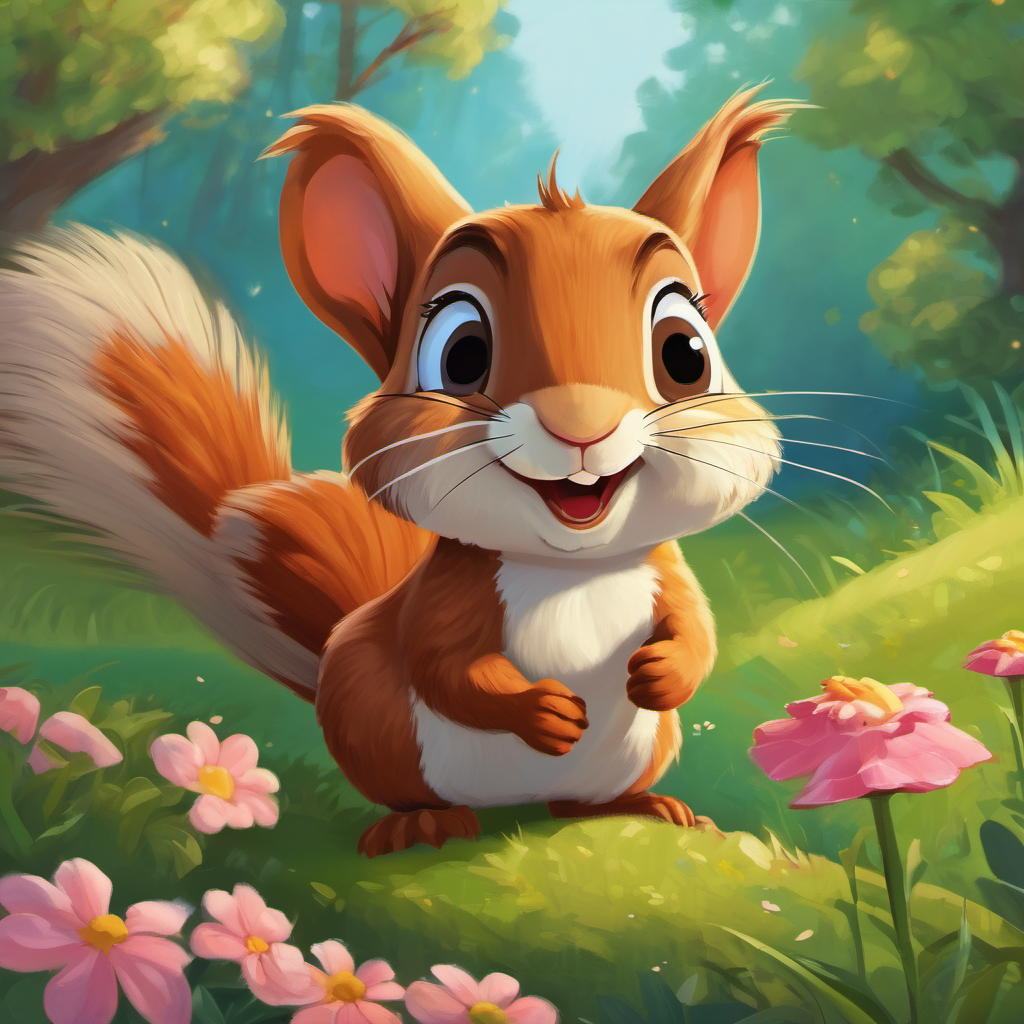 Sammy, the adventurous squirrel with a mischievous smile. the squirrel meeting Rosie, the kind-hearted rabbit with a playful spirit. the rabbit