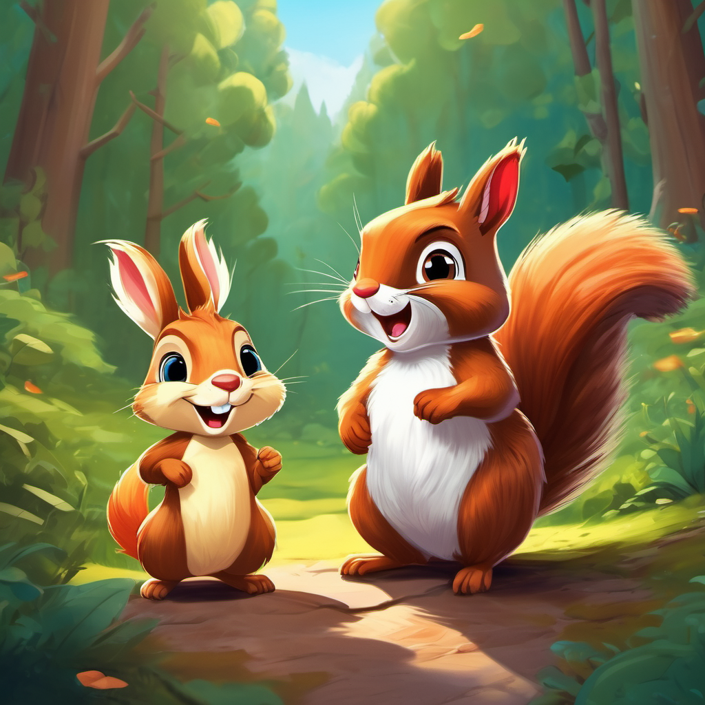 Sammy, the adventurous squirrel with a mischievous smile. and Rosie, the kind-hearted rabbit with a playful spirit. chasing each other in the forest