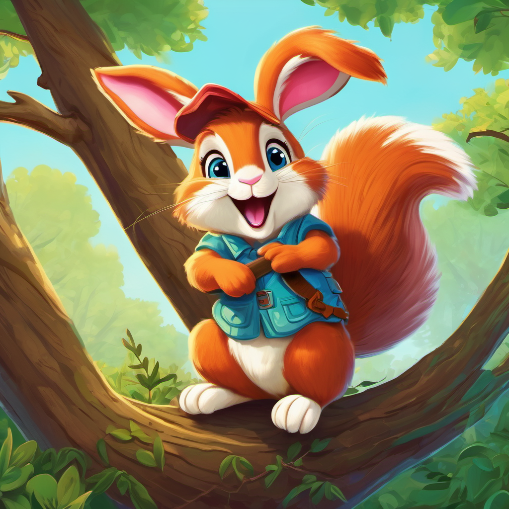 Rosie, the kind-hearted rabbit with a playful spirit. helping Sammy, the adventurous squirrel with a mischievous smile. get unstuck from a tree