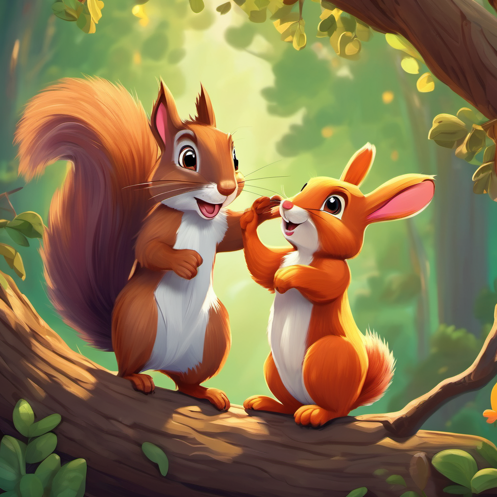 Sammy, the adventurous squirrel with a mischievous smile. and Rosie, the kind-hearted rabbit with a playful spirit. playing together on trees