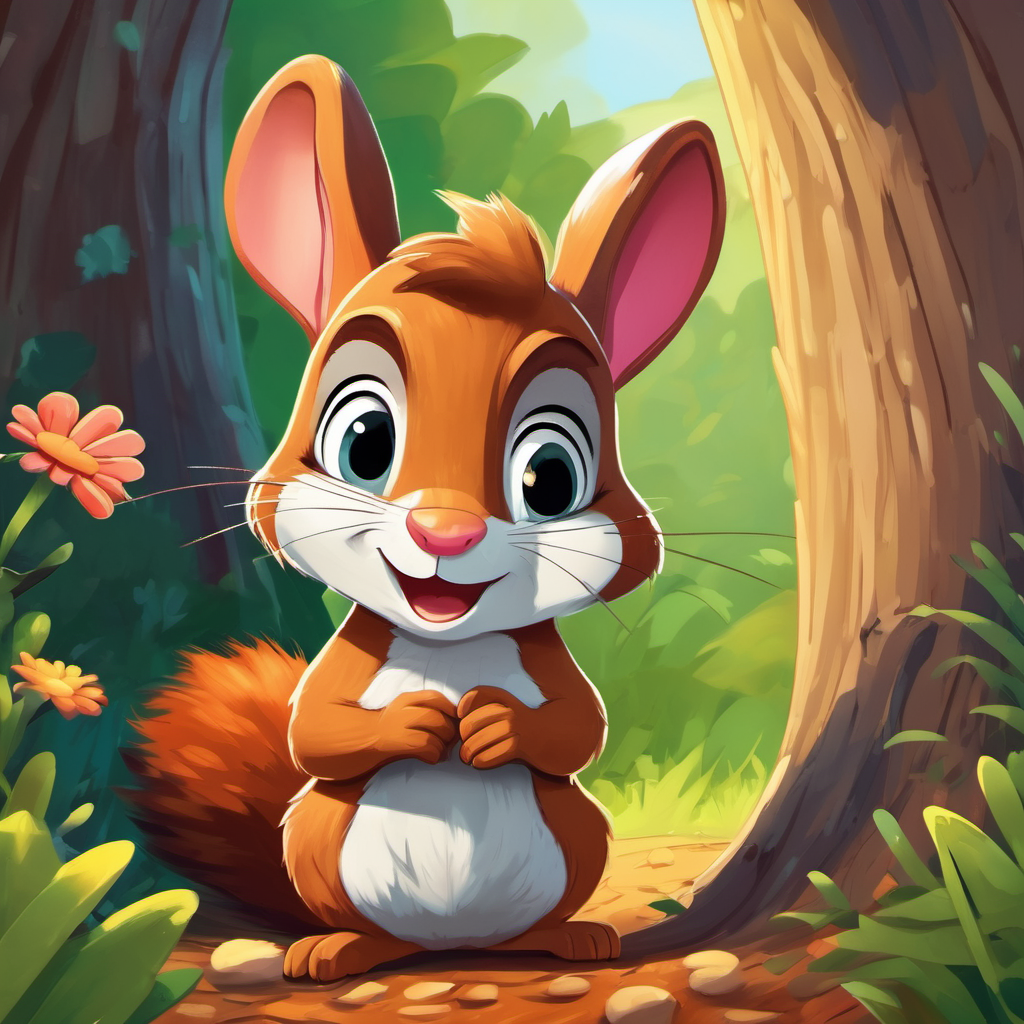 Sammy, the adventurous squirrel with a mischievous smile. looking worried at Rosie, the kind-hearted rabbit with a playful spirit. stuck in a hole