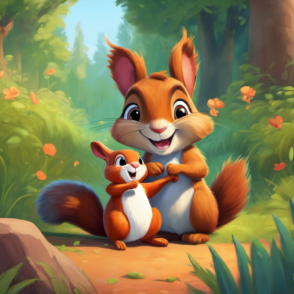 Sammy, the adventurous squirrel with a mischievous smile. and Rosie, the kind-hearted rabbit with a playful spirit. hugging, showing friendship