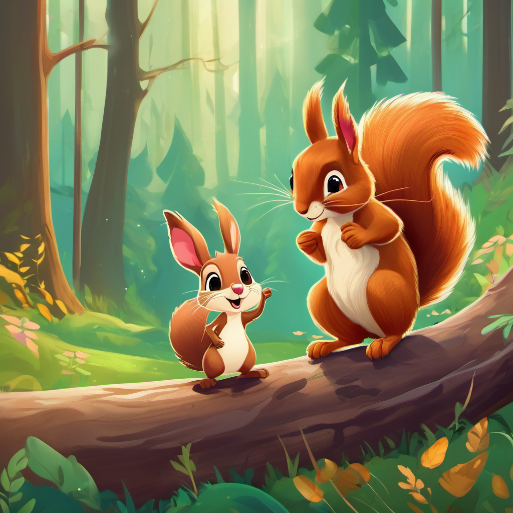 Sammy, the adventurous squirrel with a mischievous smile. and Rosie, the kind-hearted rabbit with a playful spirit. happily exploring the forest together