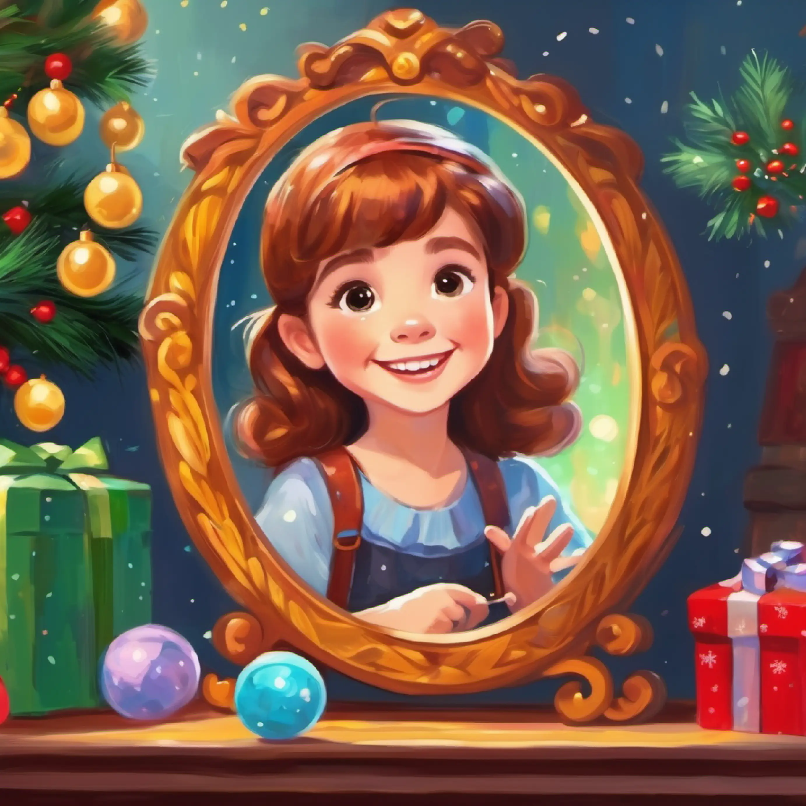 Bright-eyed, petite, with chestnut hair and a joyful smile discovers the mirror, sees herself.