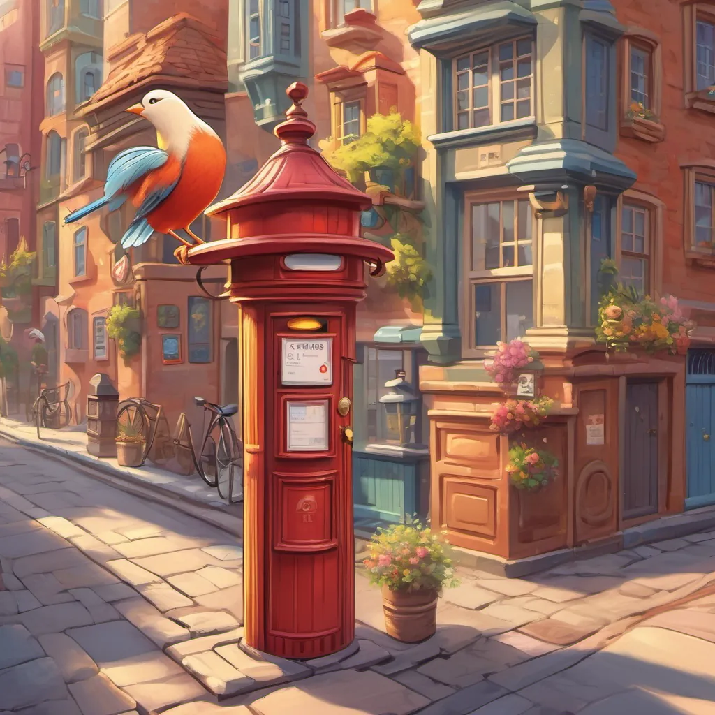 A bustling cityscape with a quirky bird perched on a bright sign and a cheerful mouse peeking from behind a postbox.