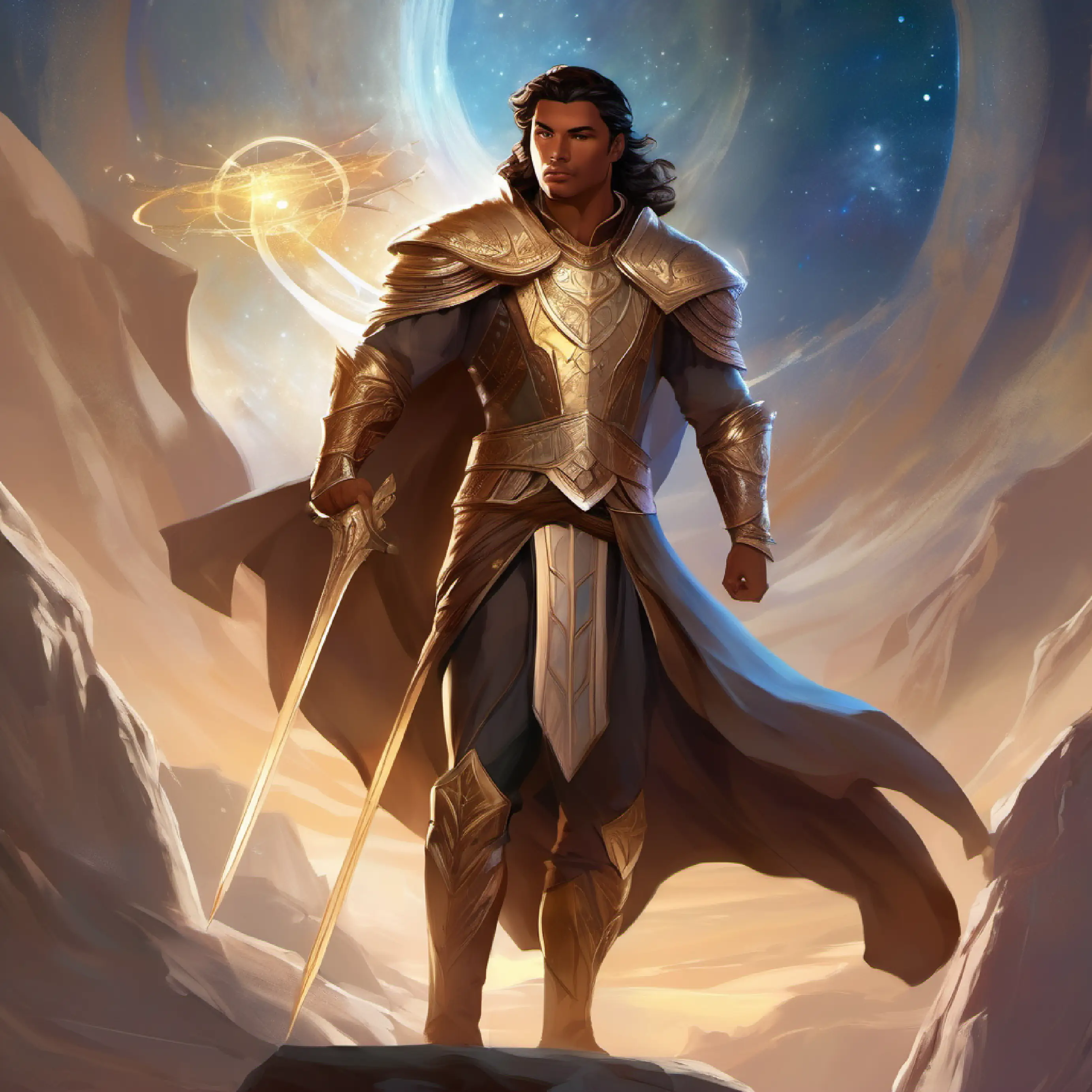 Valiant, tan skin, deep-set brown eyes, imposing stature prepares for his quest
