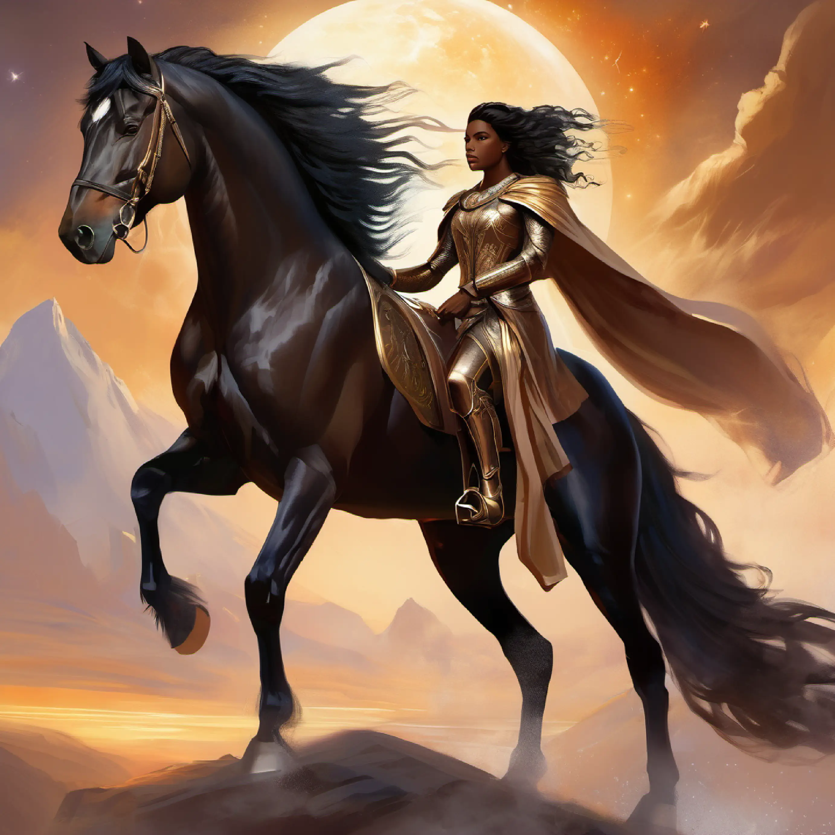 Introduction of Valiant, tan skin, deep-set brown eyes, imposing stature's horse, Majestic black stallion, loyal, powerful