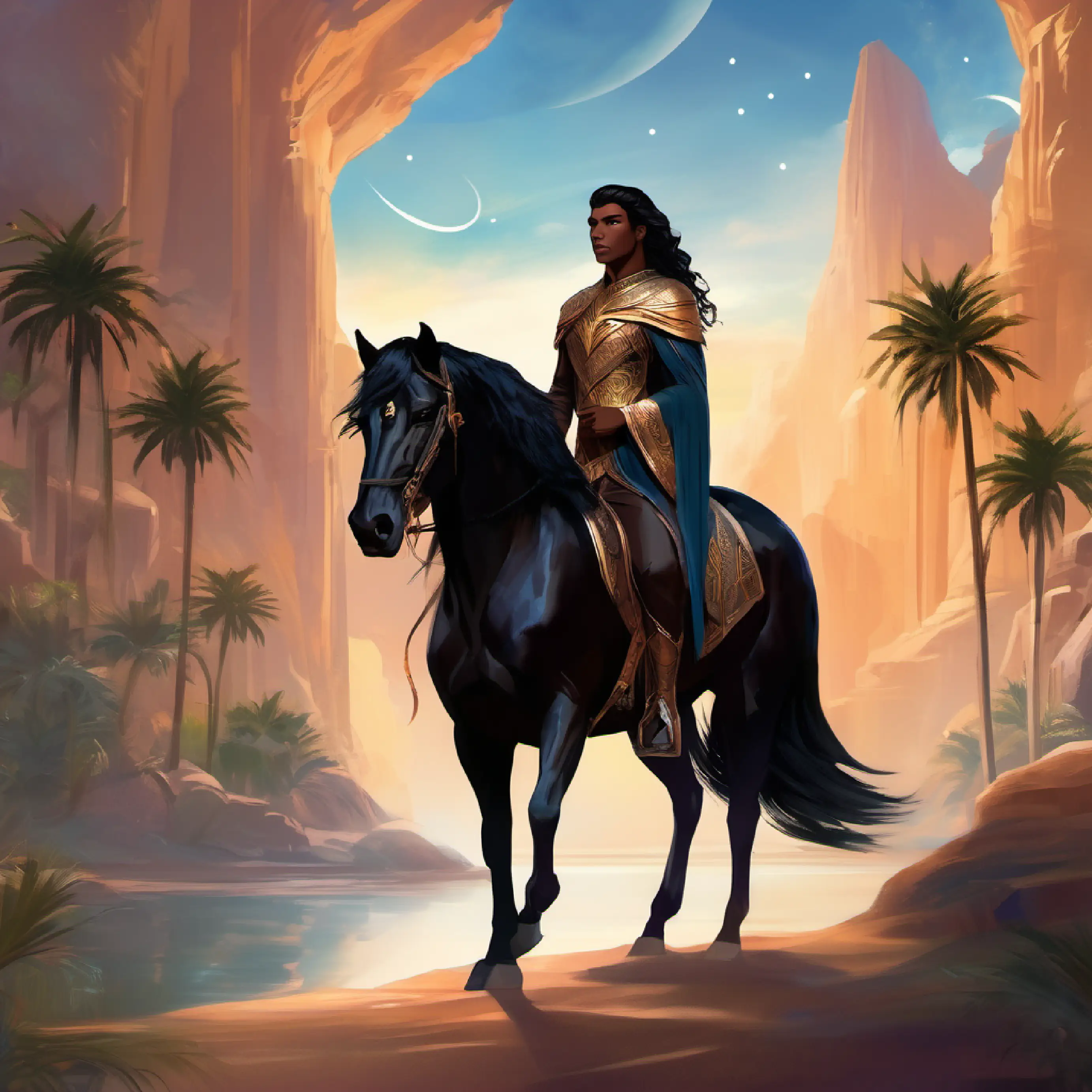 Valiant, tan skin, deep-set brown eyes, imposing stature and Majestic black stallion, loyal, powerful reach a magical oasis
