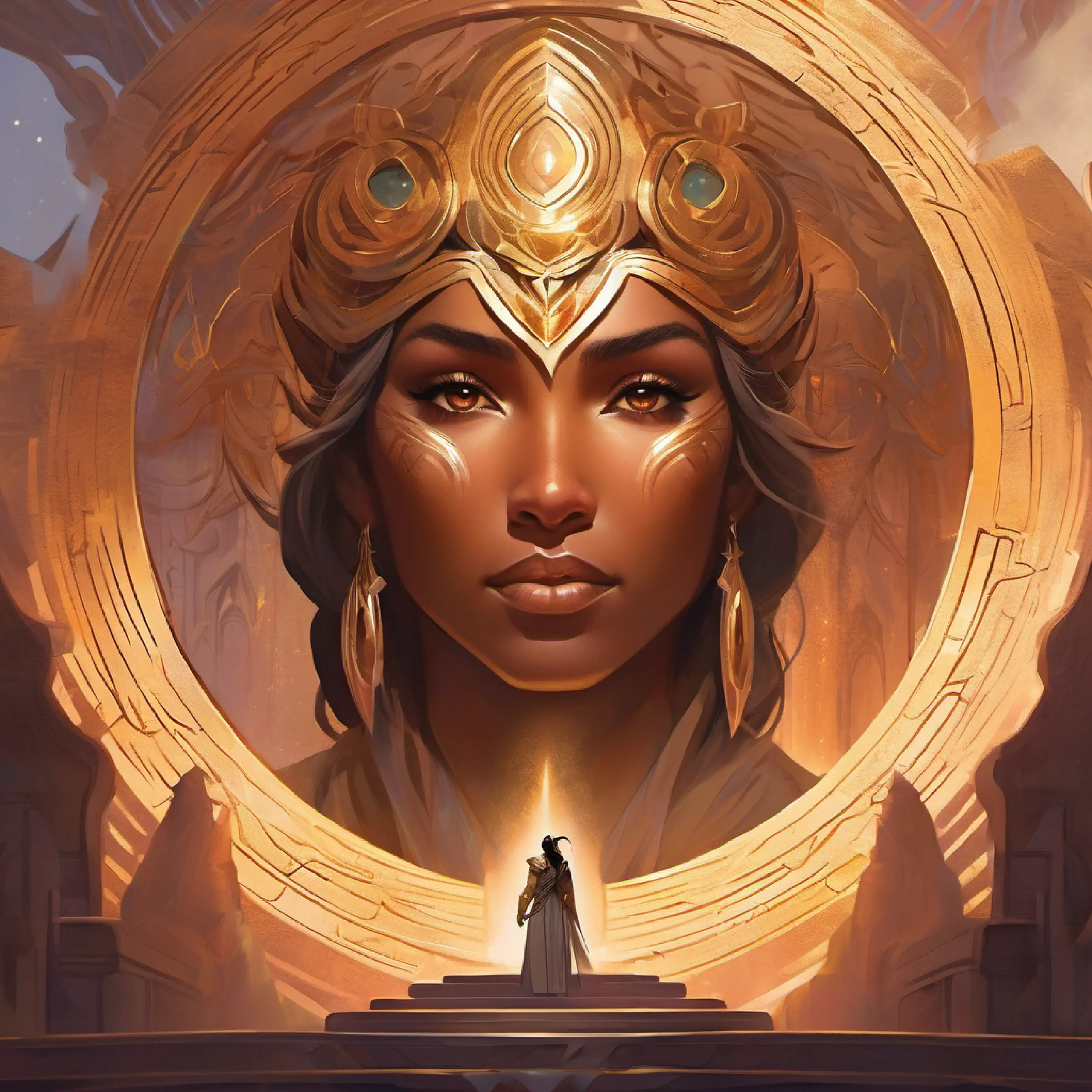 Valiant, tan skin, deep-set brown eyes, imposing stature faces a giant labyrinth