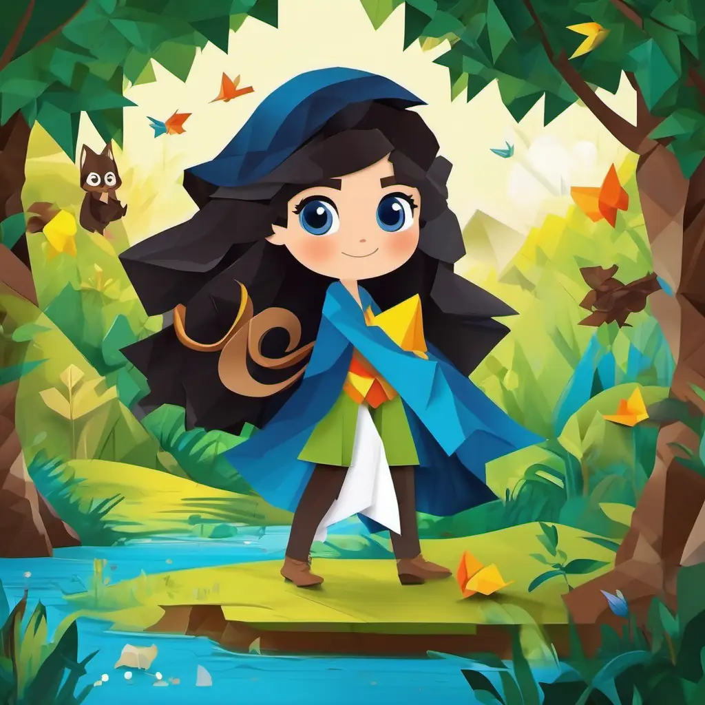 Long black hair, hazel eyes Friendly and adventurous and Curly brown hair, blue eyes Curious and determined are seen eager and cheerful, embarking on an adventure to find a hidden cave. The location is in the Magical Forest full of vibrant and mystical elements. They meet friendly animals and admire the beauty of nature.