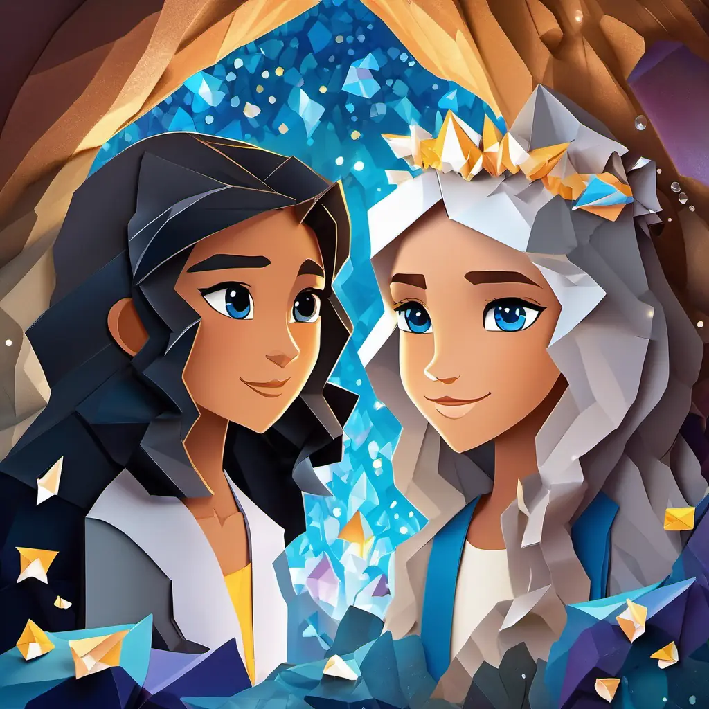 Long black hair, hazel eyes Friendly and adventurous and Curly brown hair, blue eyes Curious and determined are depicted in awe of the magical cave filled with sparkling crystals. They enjoy each other's company while discussing their aspirations and dreams for the future.