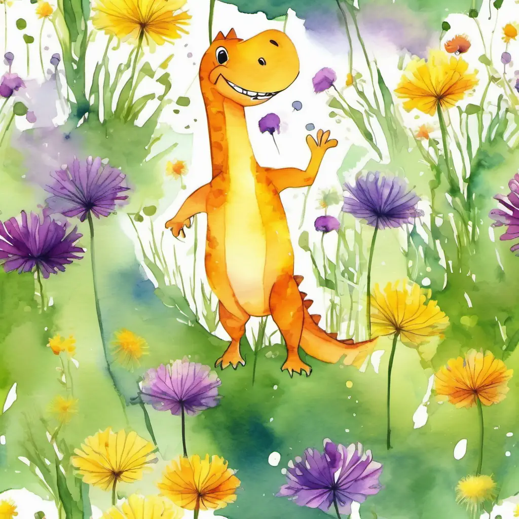 Dandelion fields with colorful flowers, Green with purple spots, bright eyes, and a big smile the dino dancing happily