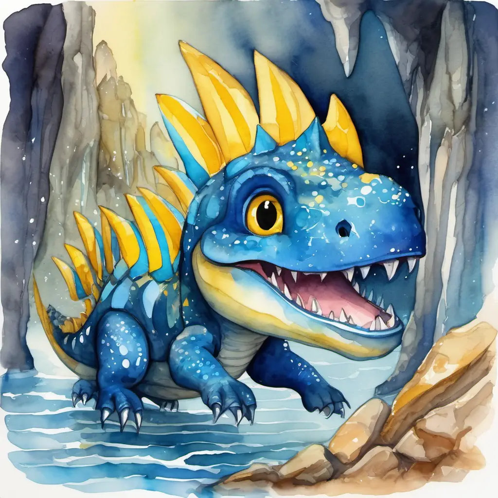 Dark caves with sparkling crystals, Blue with yellow stripes, twinkling eyes, and a friendly grin the dino diving fearlessly