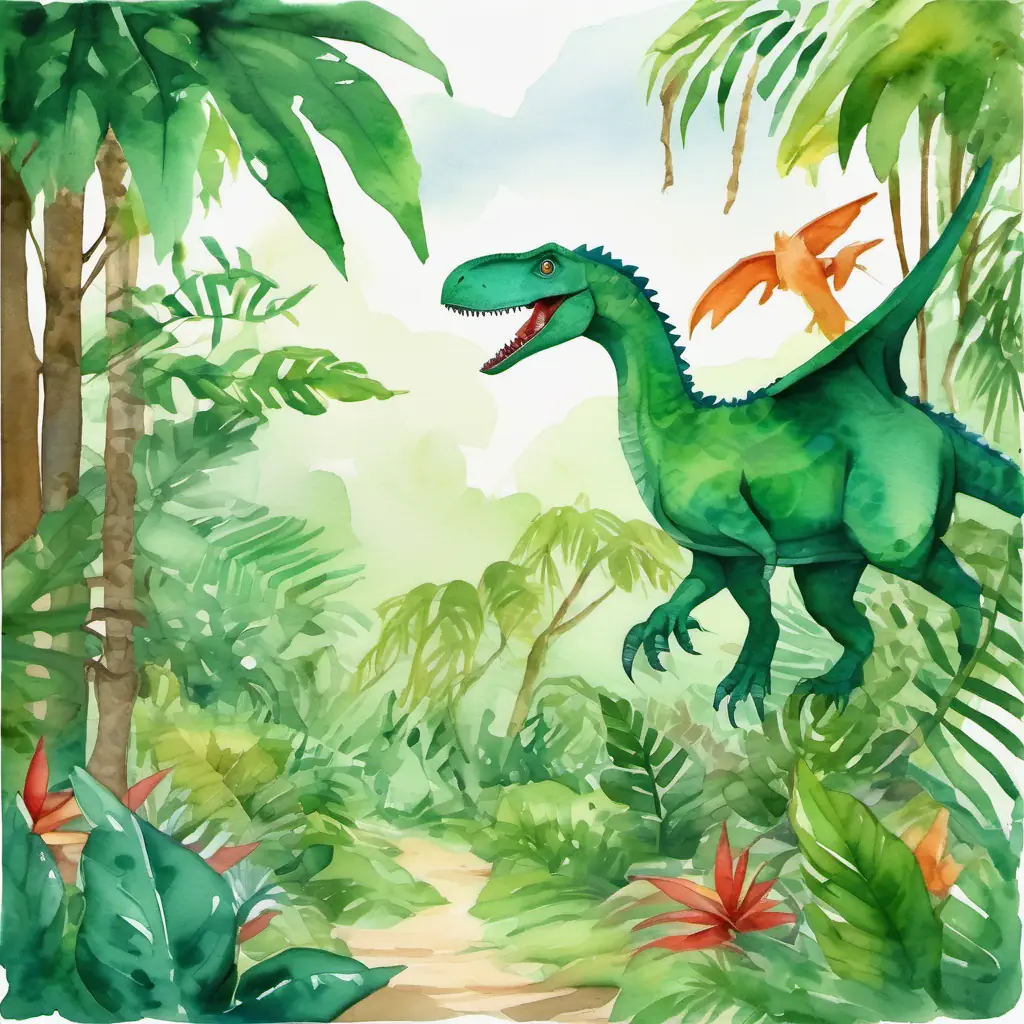 Lush green jungle with hanging vines, Dino pals playing with pterodactyls