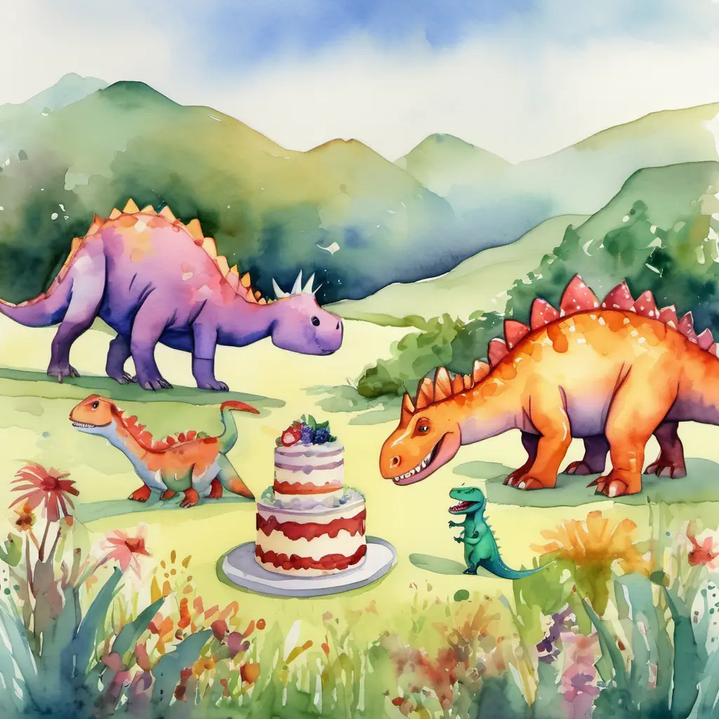 Open field with a huge cake, Dino pals eating and laughing