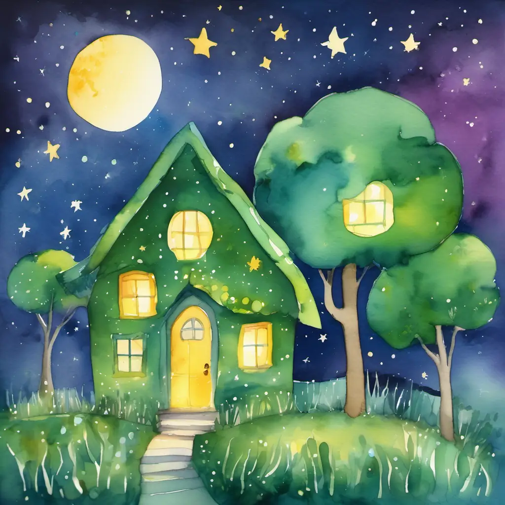 Green with purple spots, bright eyes, and a big smile and Blue with yellow stripes, twinkling eyes, and a friendly grin's cozy dwellings, stars twinkling in the night sky