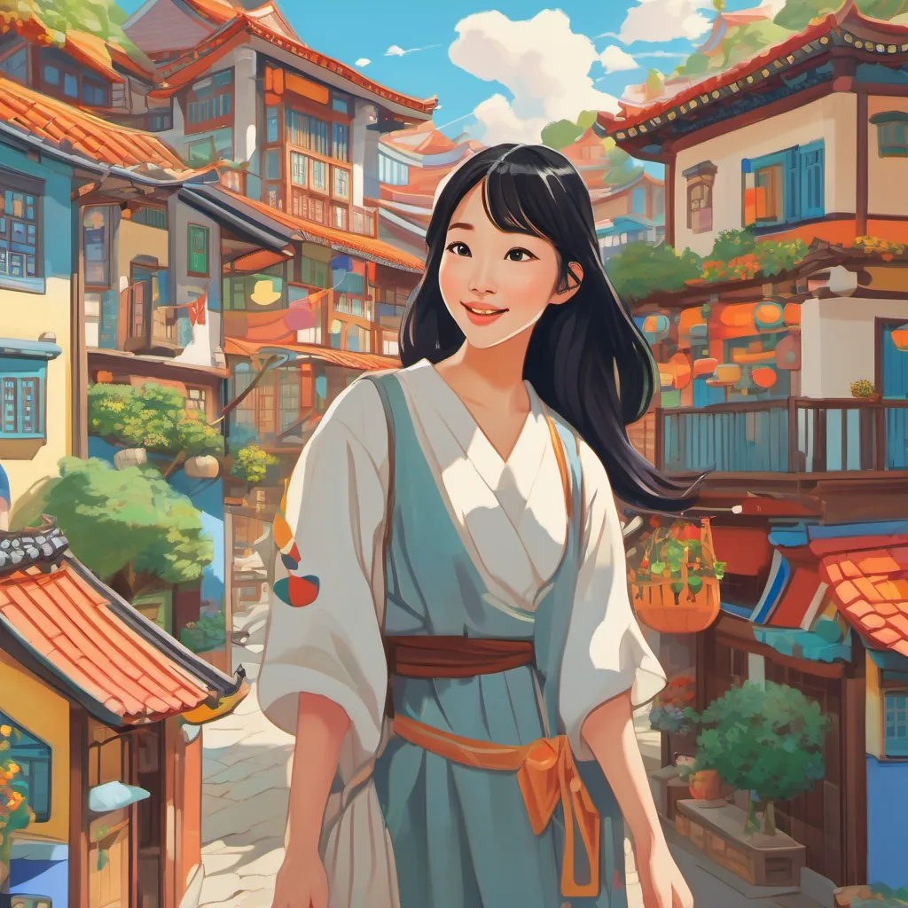 A cheerful, whimsical Korean town with a bright blue sky and colorful buildings, featuring Jennie Kim is a young Korean girl with long black hair, bright eyes, and a radiant smile, full of determination and spirit, a young Korean girl with a radiant smile, in the foreground.
