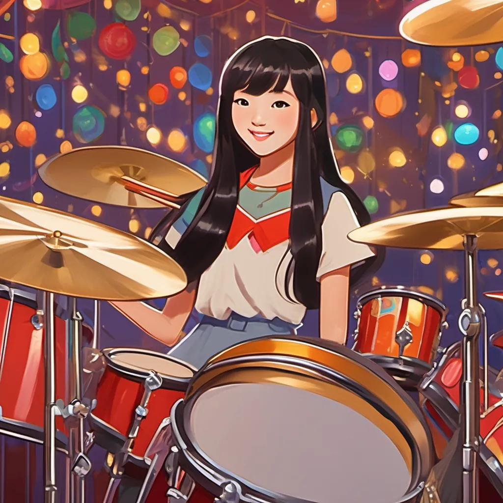Jennie Kim is a young Korean girl with long black hair, bright eyes, and a radiant smile, full of determination and spirit standing on a colorful stage with bright lights and a big smile, surrounded by drums and musical instruments.